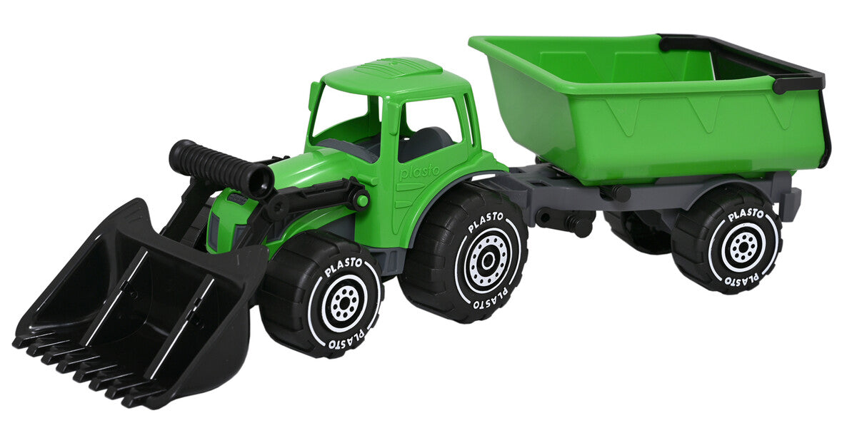 PLASTO Eeslaaduriga traktor koos treileriga, roheline, 56 cm