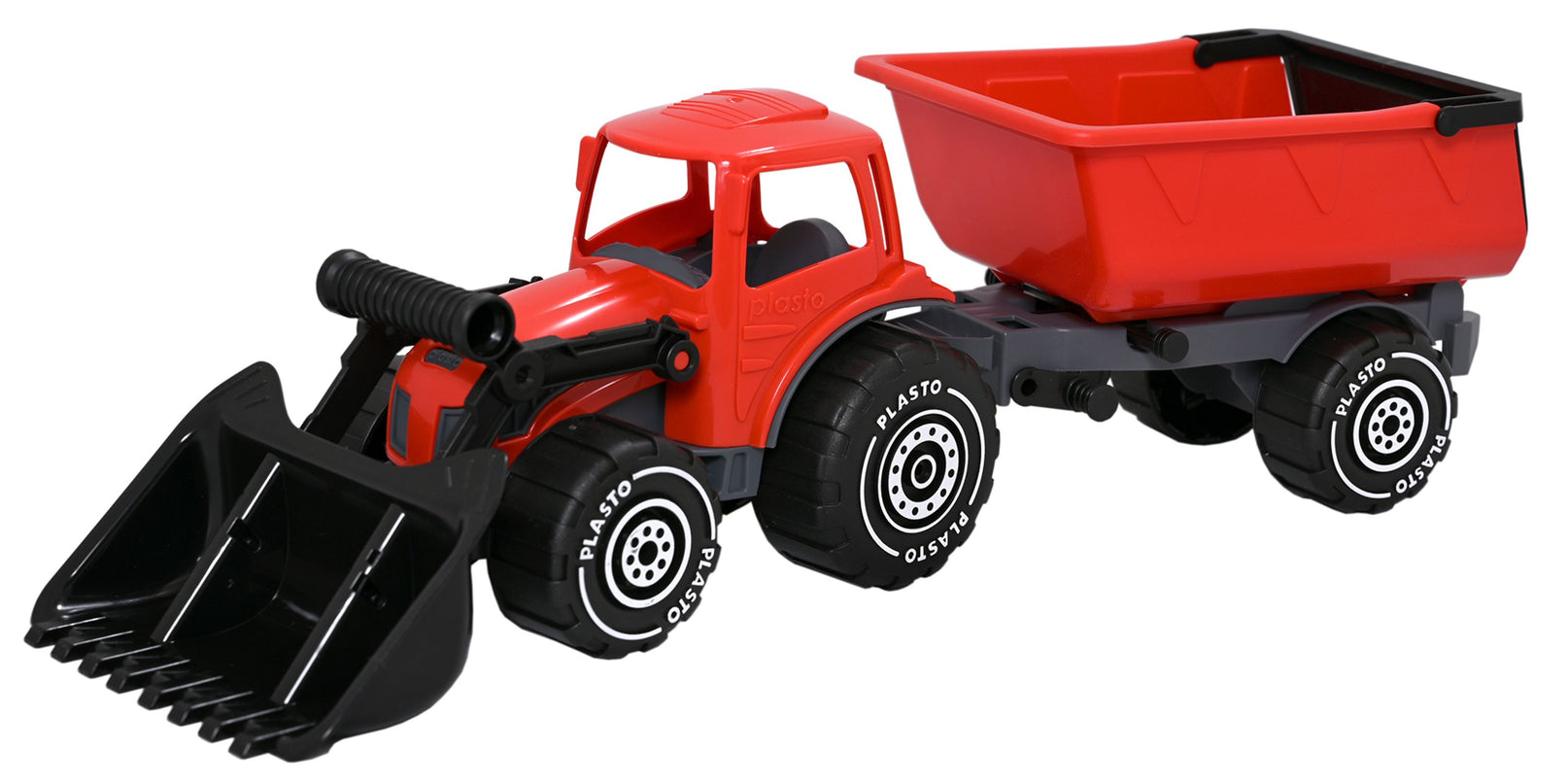 PLASTO Eeslaaduriga traktor koos treileriga, punane, 56 cm