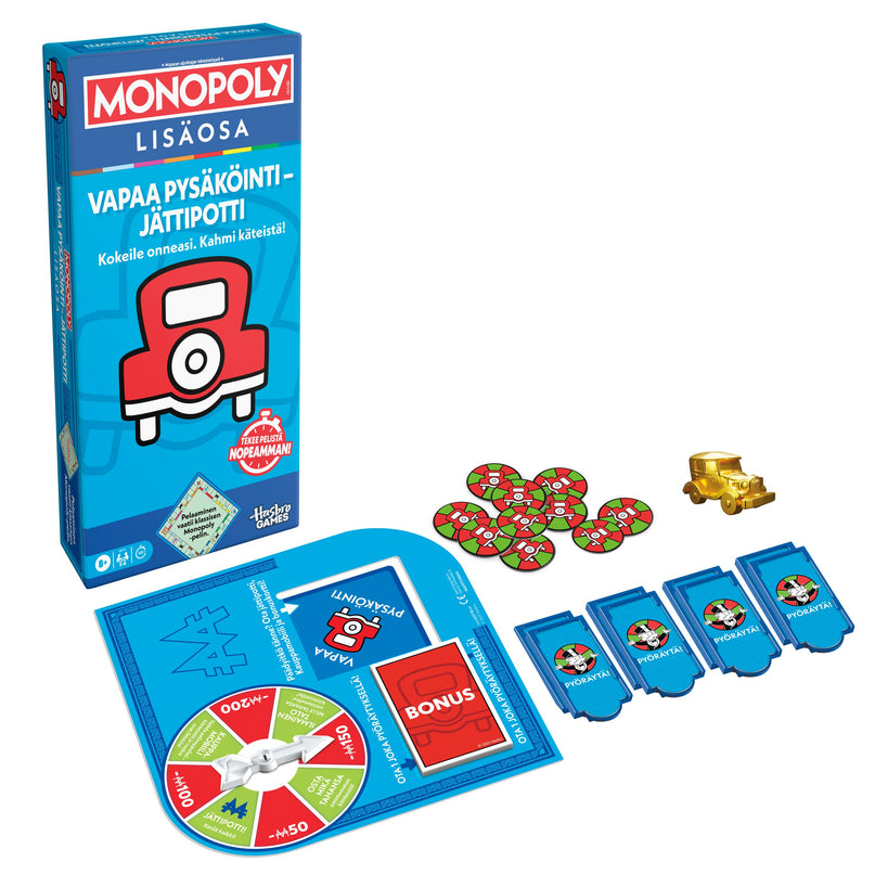 MONOPOLY Board game Free Parking Jackpot expansion (In Finnish lang.)
